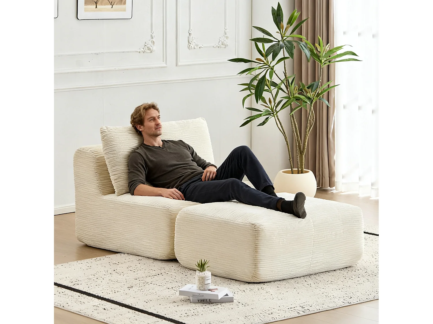Canapé 1 place - velours côtelé - modulaire - convertible - 92x180x72 cm - beige