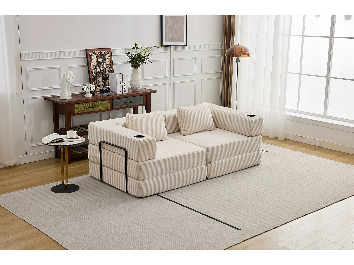 Canapé 2 places - velours côtelé - modulaire - convertible - 200x100x63 cm - blanc