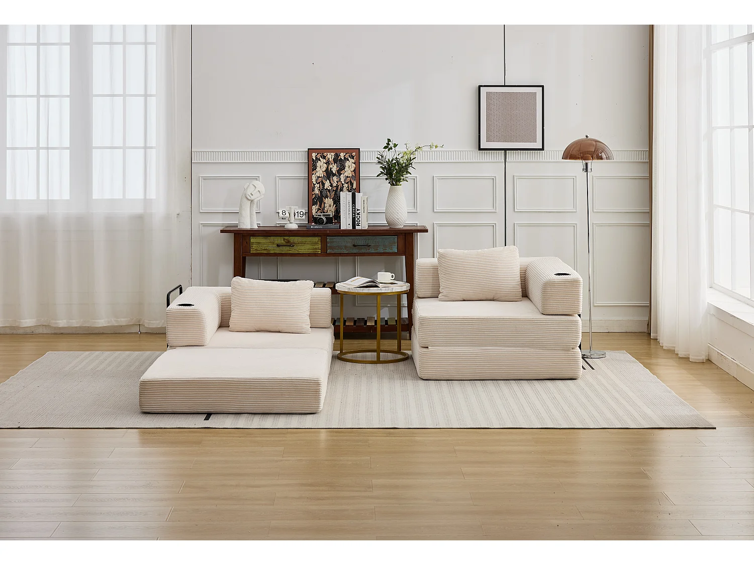Canapé 2 places - velours côtelé - modulaire - convertible - 200x100x63 cm - blanc