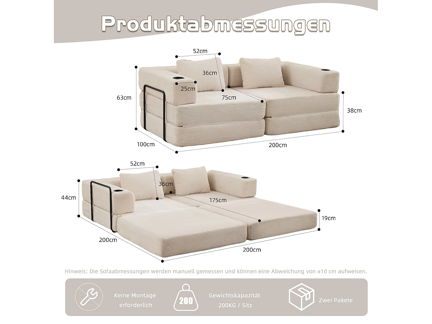Canapé 2 places - velours côtelé - modulaire - convertible - 200x100x63 cm - blanc