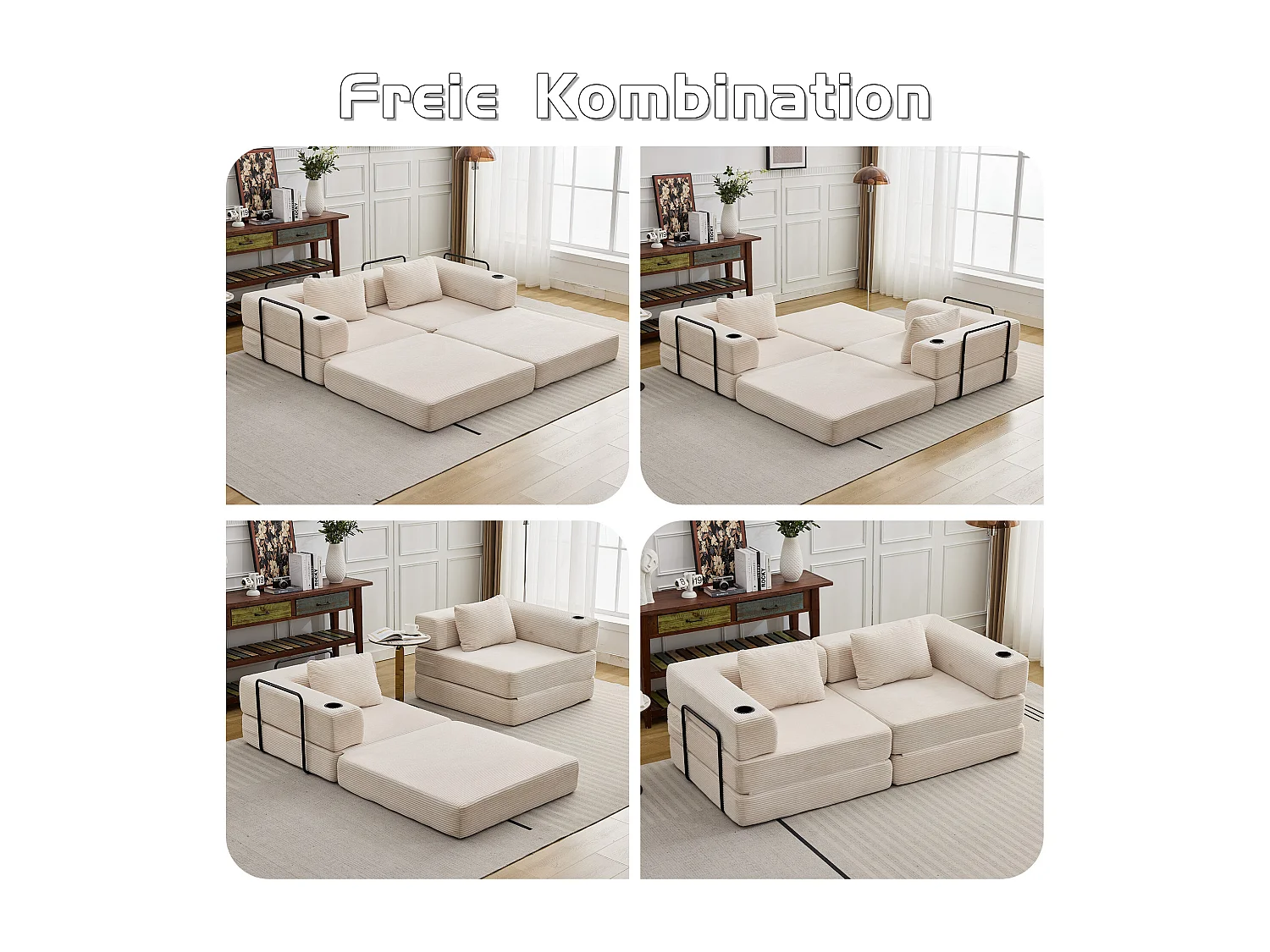 Canapé 2 places - velours côtelé - modulaire - convertible - 200x100x63 cm - blanc