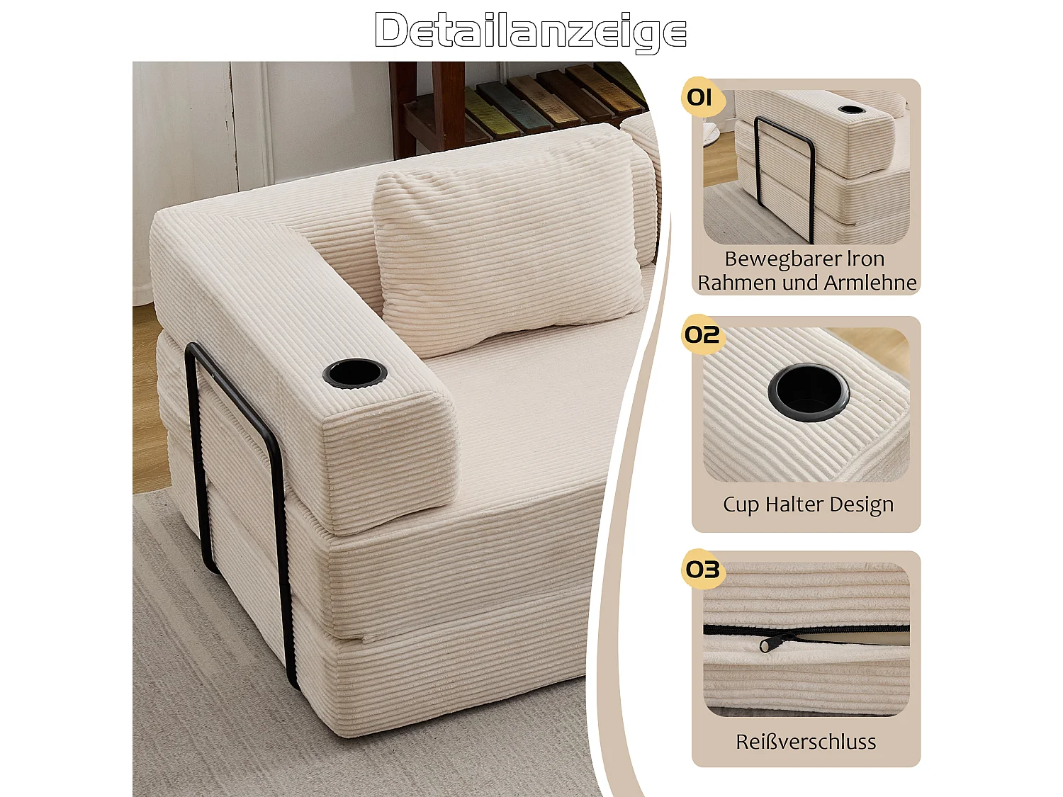 Canapé 2 places - velours côtelé - modulaire - convertible - 200x100x63 cm - blanc