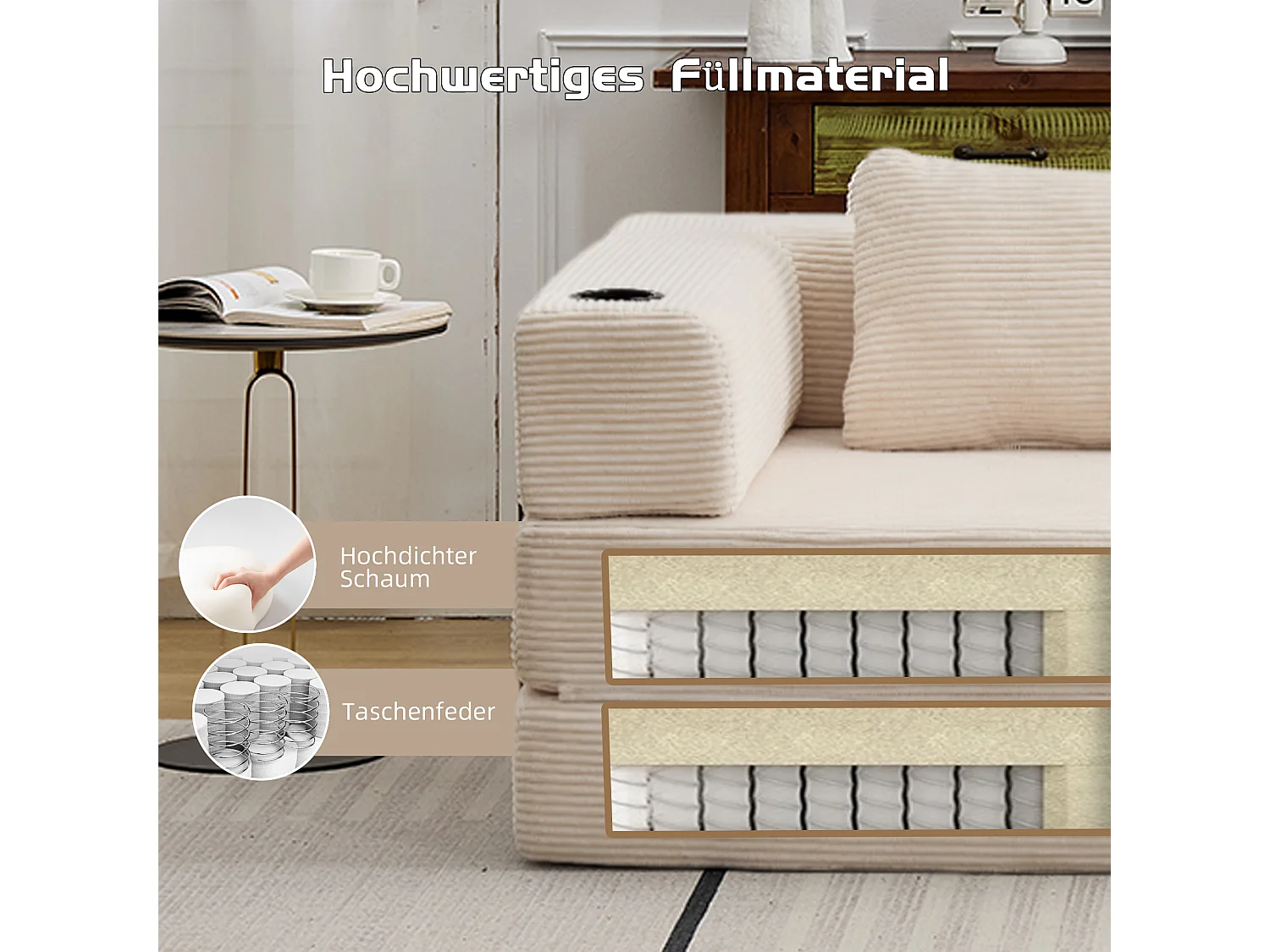 Canapé 2 places - velours côtelé - modulaire - convertible - 200x100x63 cm - blanc