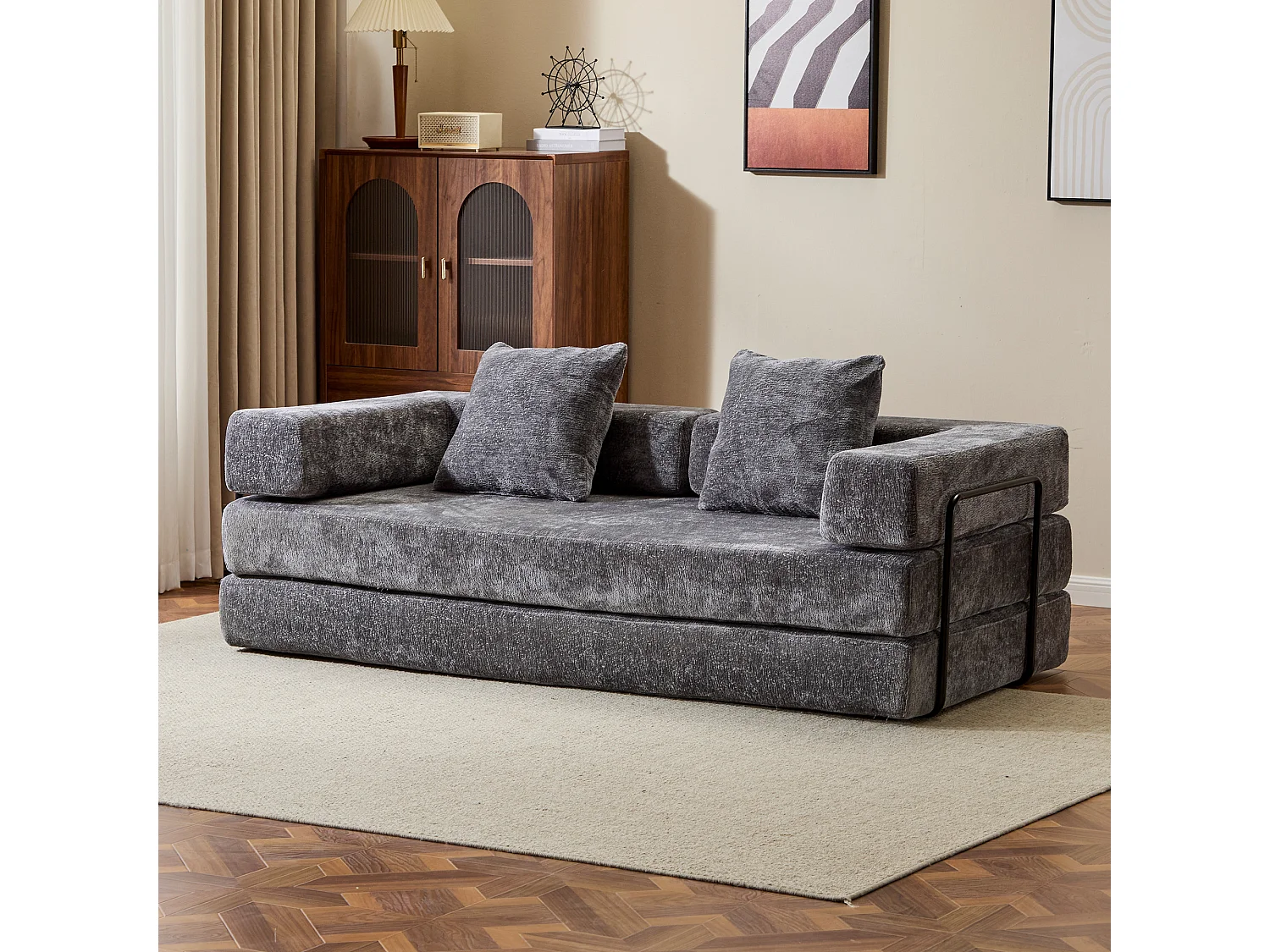 Canapé 2 places - chenille - modulable - convertible - 195x95x60 cm - gris foncé