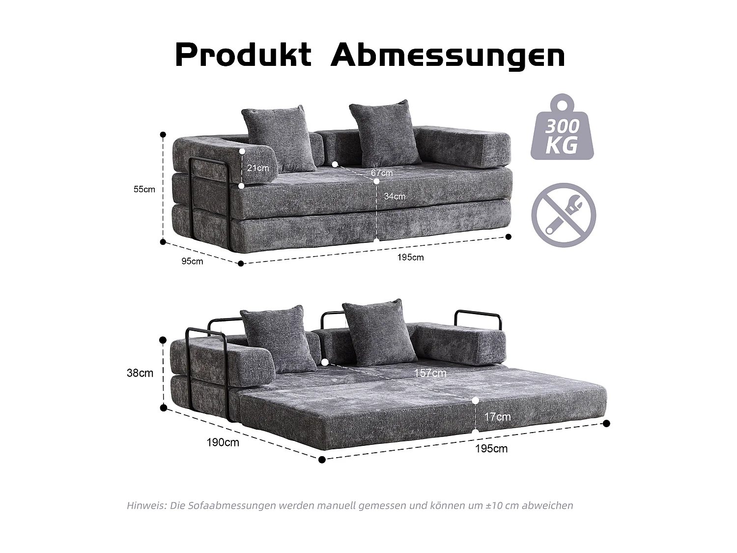 Canapé 2 places - chenille - modulable - convertible - 195x95x60 cm - gris foncé