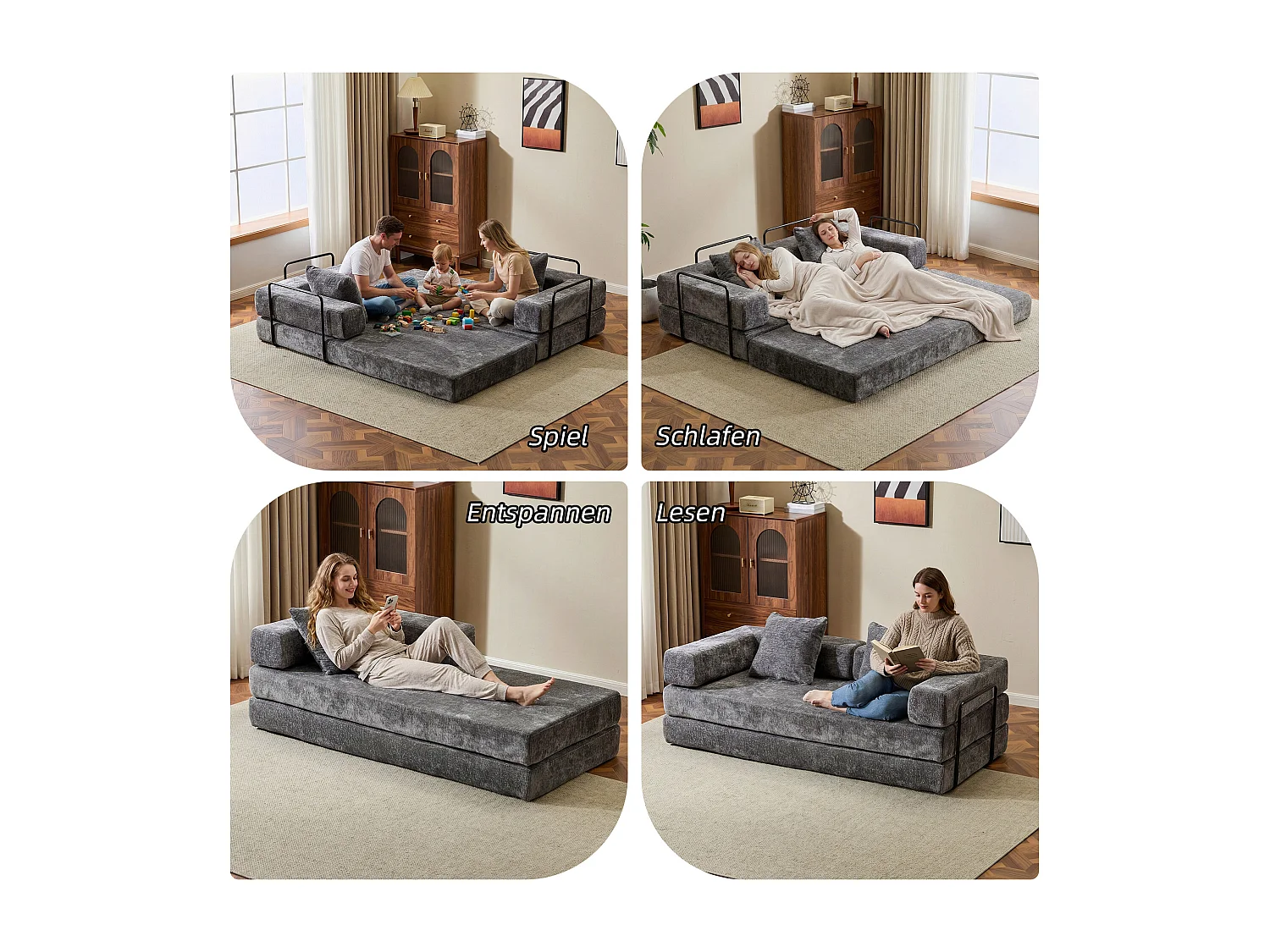 Canapé 2 places - chenille - modulable - convertible - 195x95x60 cm - gris foncé