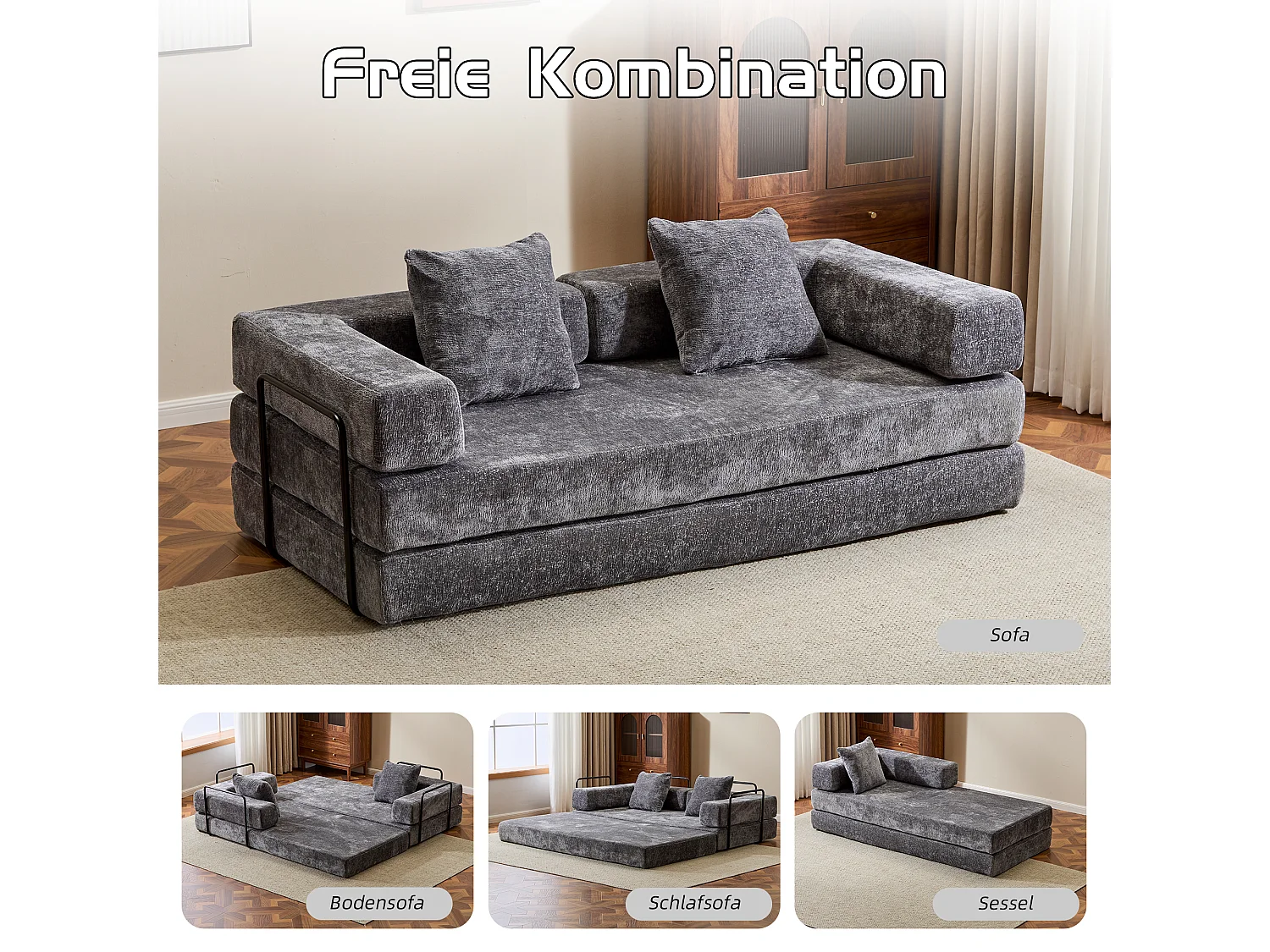 Canapé 2 places - chenille - modulable - convertible - 195x95x60 cm - gris foncé