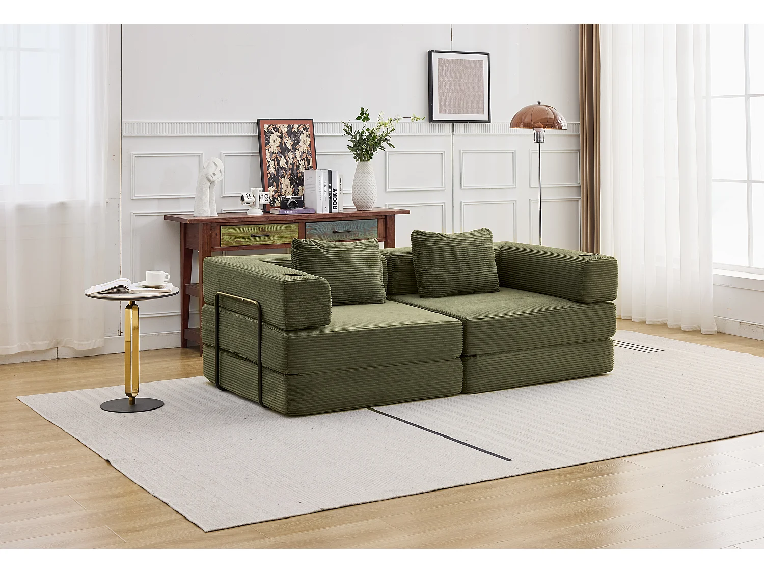 Canapé 2 places - velours côtelé - modulaire - convertible - 200x100x63 cm - vert olive