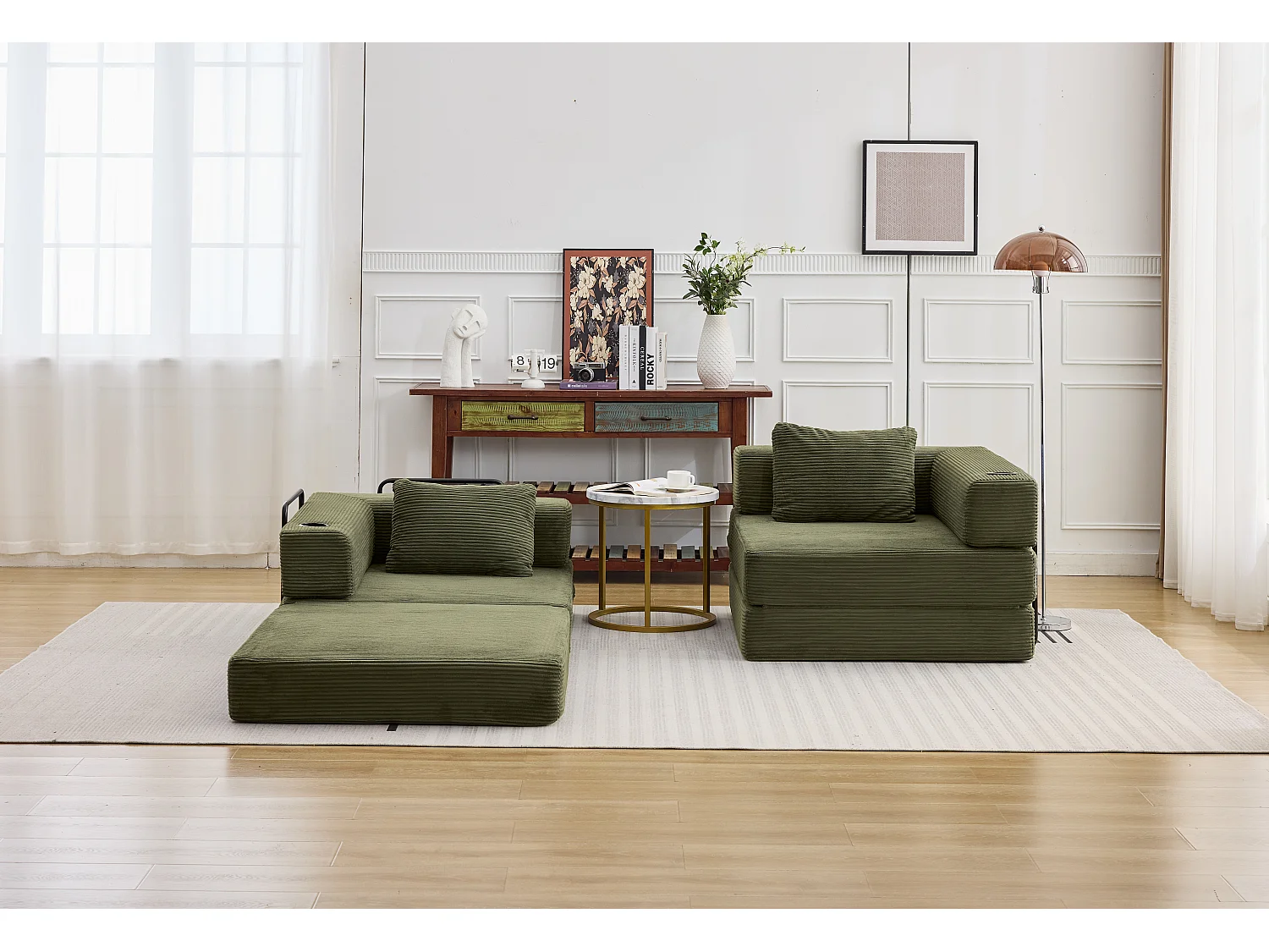 Canapé 2 places - velours côtelé - modulaire - convertible - 200x100x63 cm - vert olive