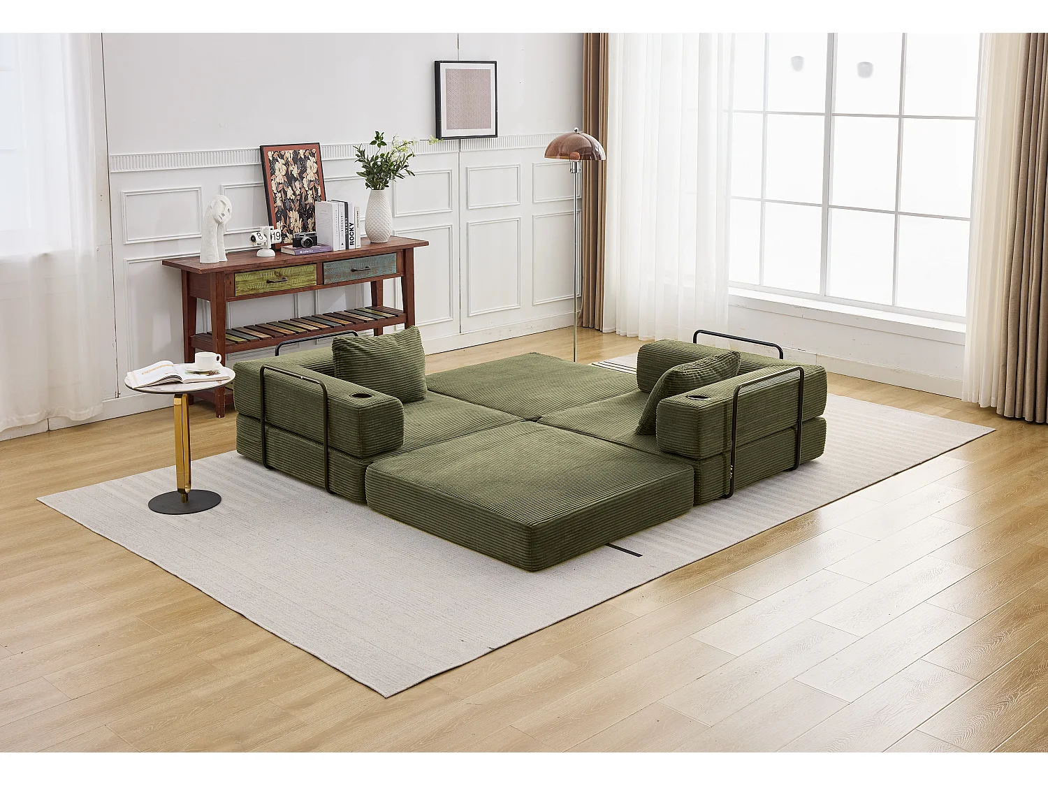 Canapé 2 places - velours côtelé - modulaire - convertible - 200x100x63 cm - vert olive