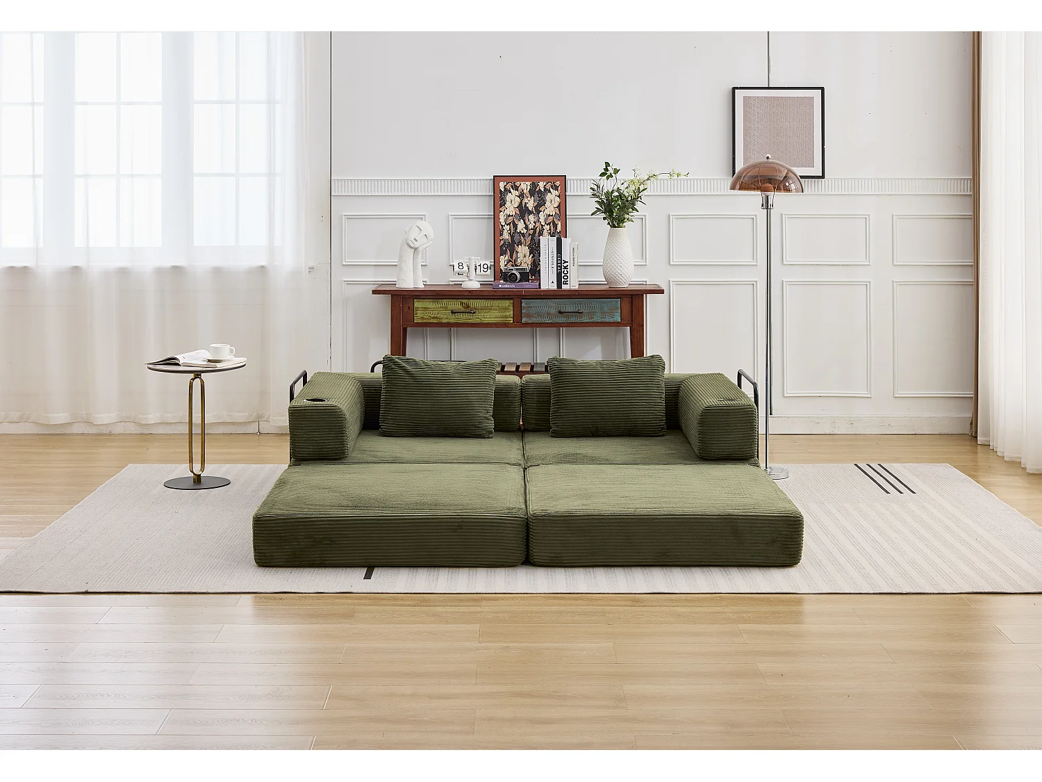 Canapé 2 places - velours côtelé - modulaire - convertible - 200x100x63 cm - vert olive