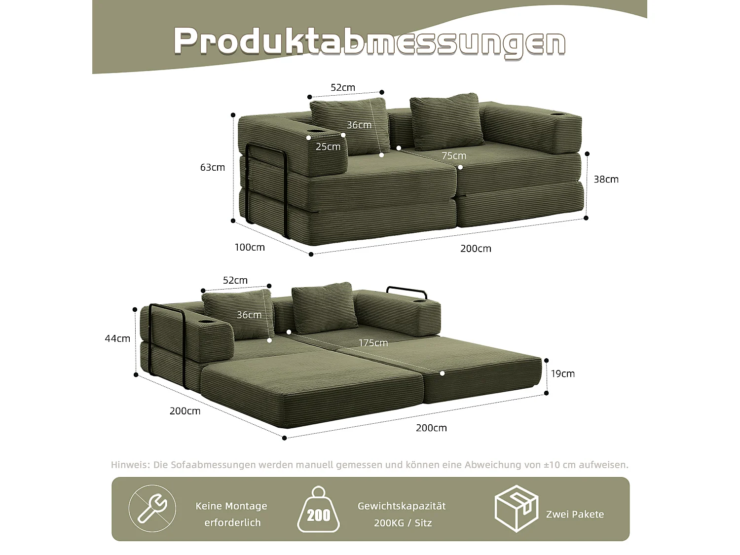 Canapé 2 places - velours côtelé - modulaire - convertible - 200x100x63 cm - vert olive