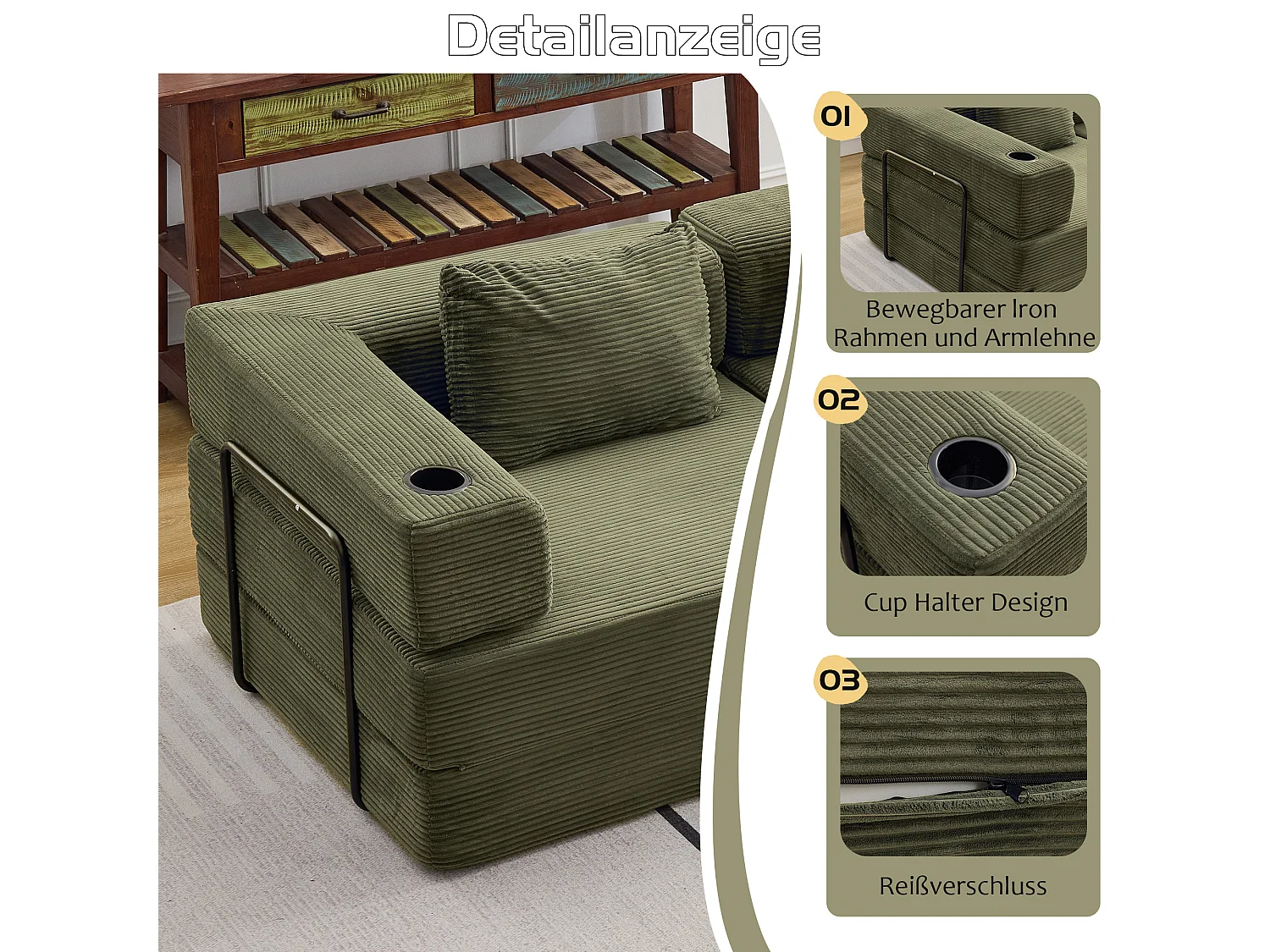 Canapé 2 places - velours côtelé - modulaire - convertible - 200x100x63 cm - vert olive