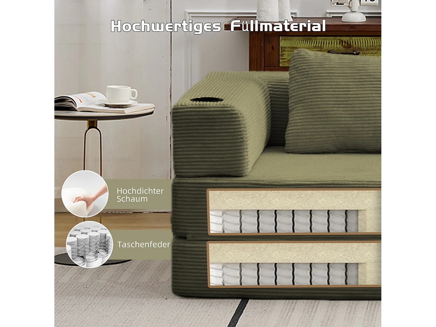 Canapé 2 places - velours côtelé - modulaire - convertible - 200x100x63 cm - vert olive