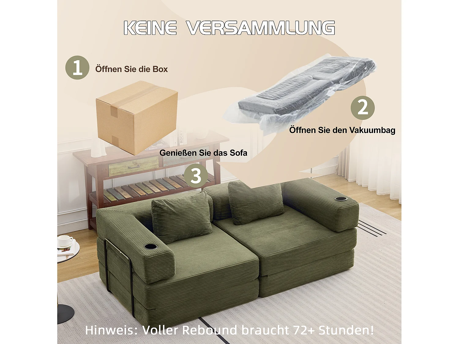 Canapé 2 places - velours côtelé - modulaire - convertible - 200x100x63 cm - vert olive