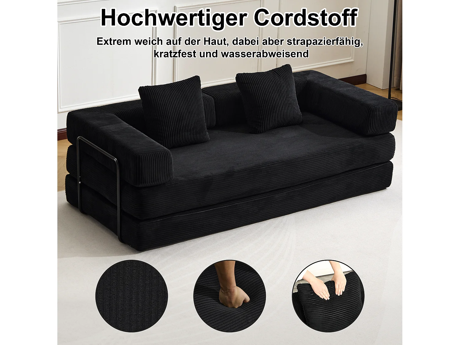 Canapé 2 places - velours côtelé - convertible - modulable - 195x95x60 cm - noir
