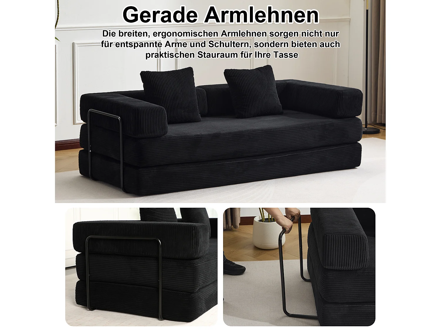 Canapé 2 places - velours côtelé - convertible - modulable - 195x95x60 cm - noir