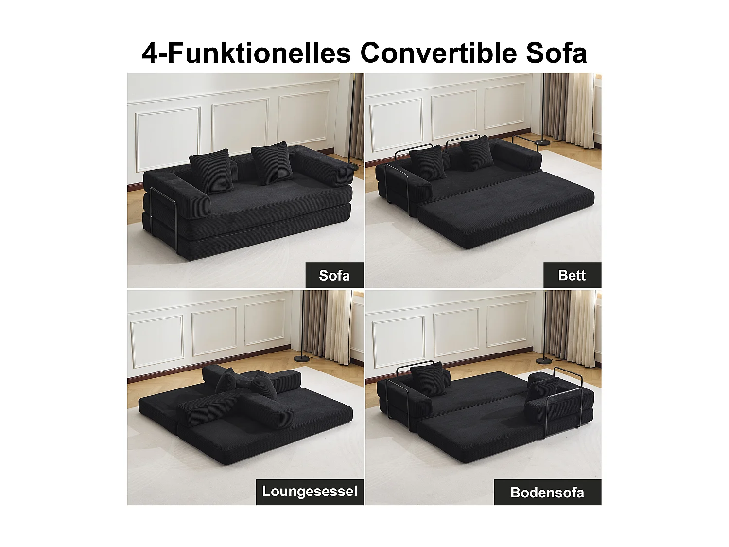 Canapé 2 places - velours côtelé - convertible - modulable - 195x95x60 cm - noir