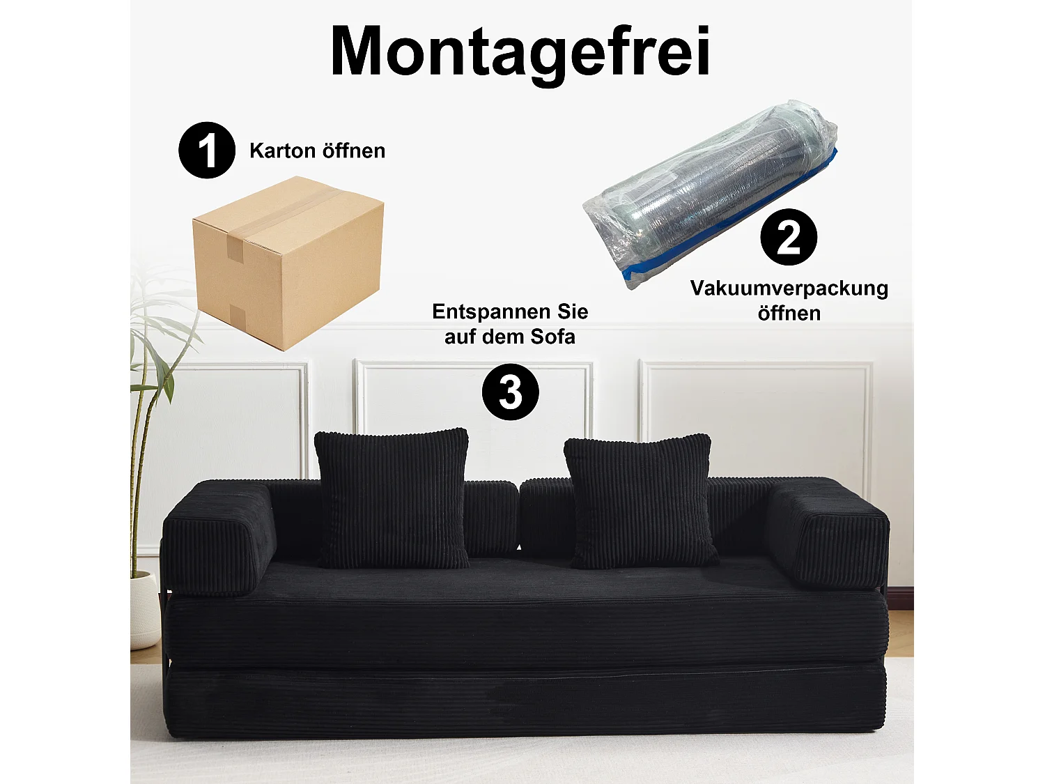 Canapé 2 places - velours côtelé - convertible - modulable - 195x95x60 cm - noir