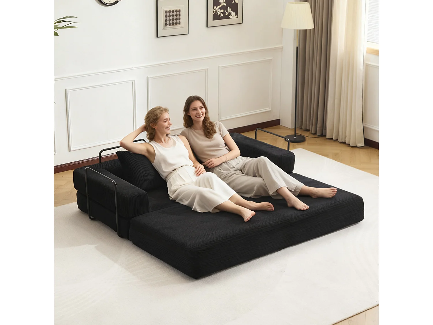 Canapé 2 places - velours côtelé - convertible - modulable - 195x95x60 cm - noir