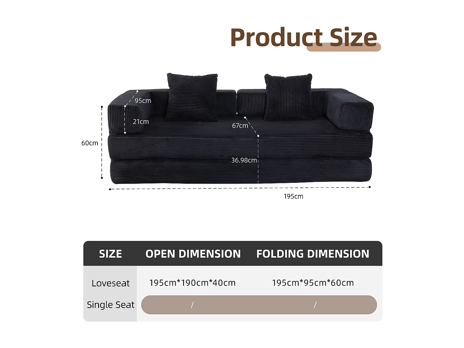 Canapé 2 places - velours côtelé - convertible - modulable - 195x95x60 cm - noir