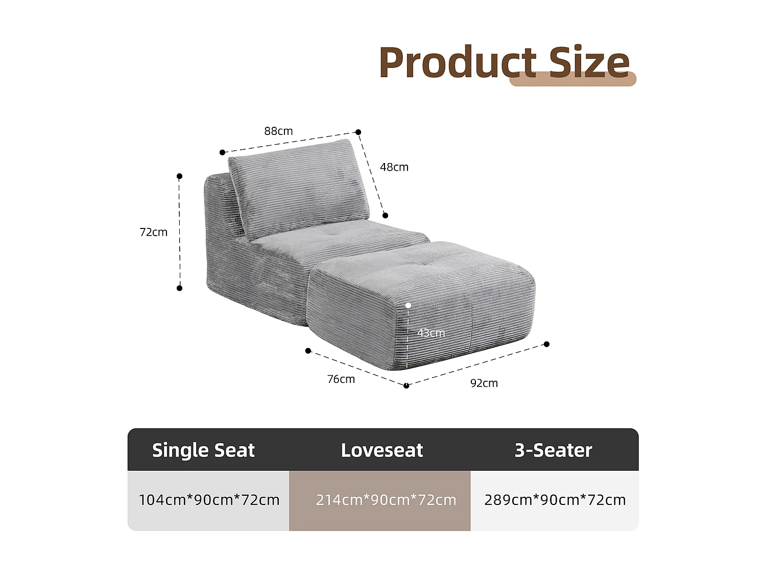 Canapé 1 place - velours côtelé - modulaire - convertible - 92x180x72 cm - gris