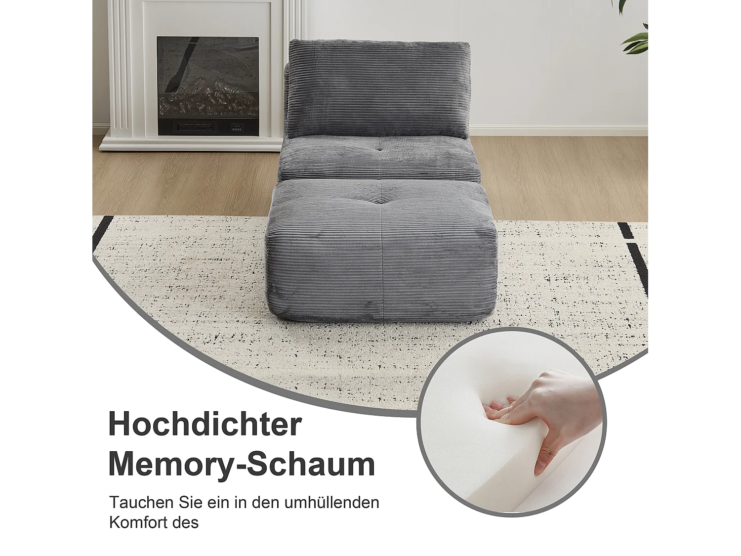 Canapé 1 place - velours côtelé - modulaire - convertible - 92x180x72 cm - gris