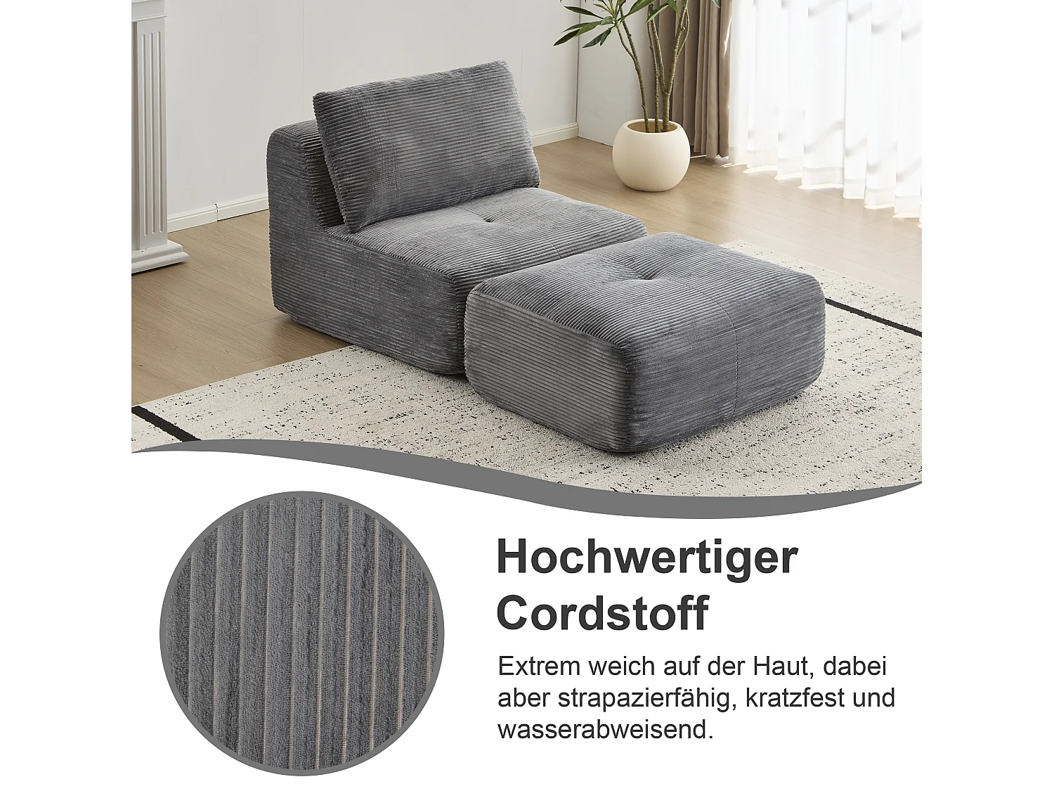 Canapé 1 place - velours côtelé - modulaire - convertible - 92x180x72 cm - gris