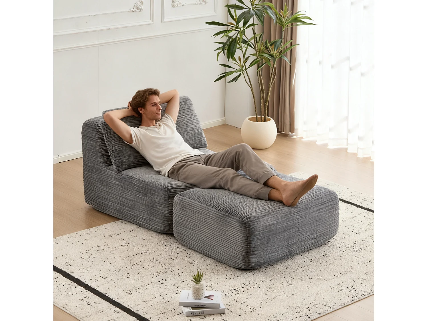 Canapé 1 place - velours côtelé - modulaire - convertible - 92x180x72 cm - gris