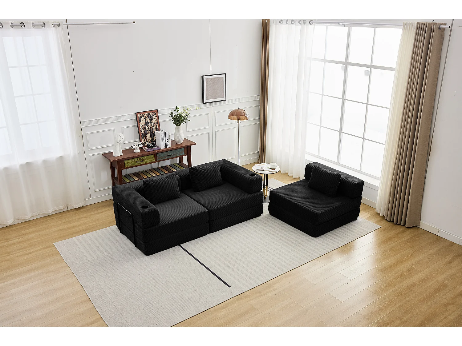 Canapé 3 places - velours côtelé - modulaire - convertible - 300x100x63 cm - noir