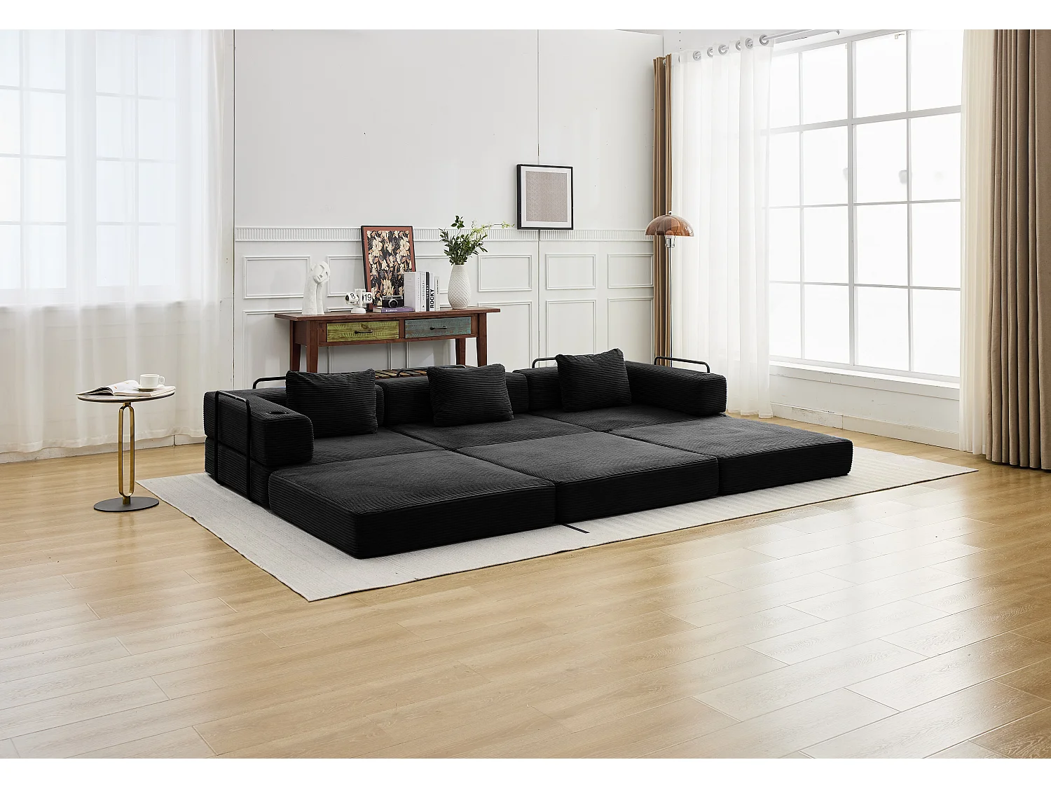 Canapé 3 places - velours côtelé - modulaire - convertible - 300x100x63 cm - noir