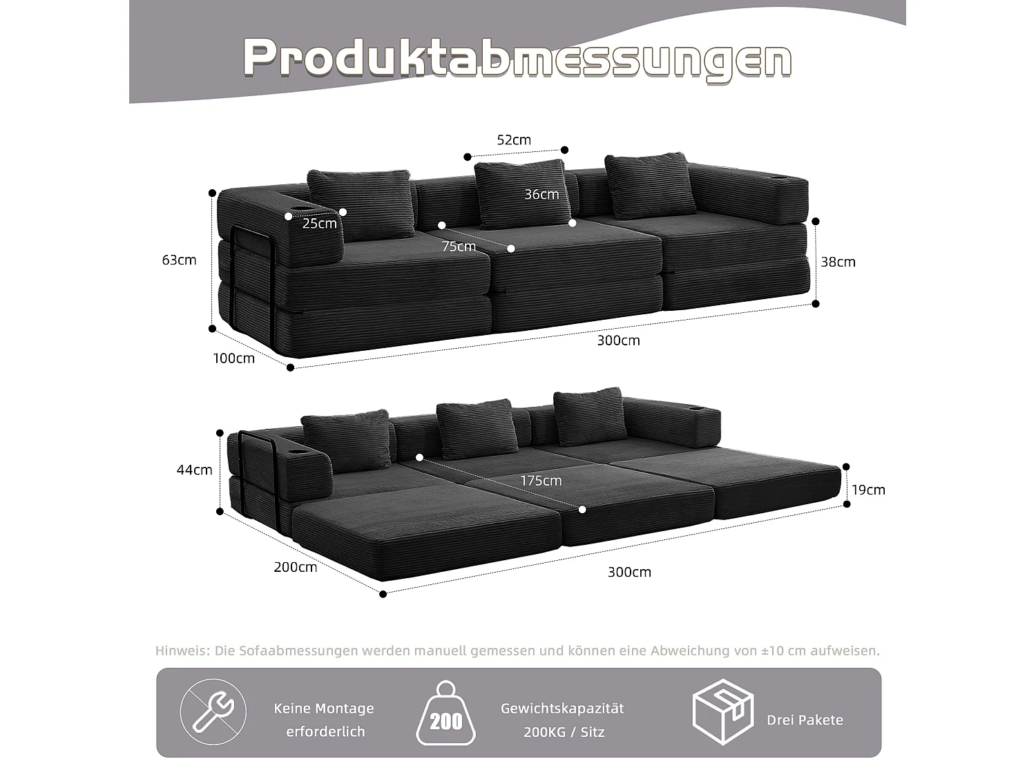 Canapé 3 places - velours côtelé - modulaire - convertible - 300x100x63 cm - noir