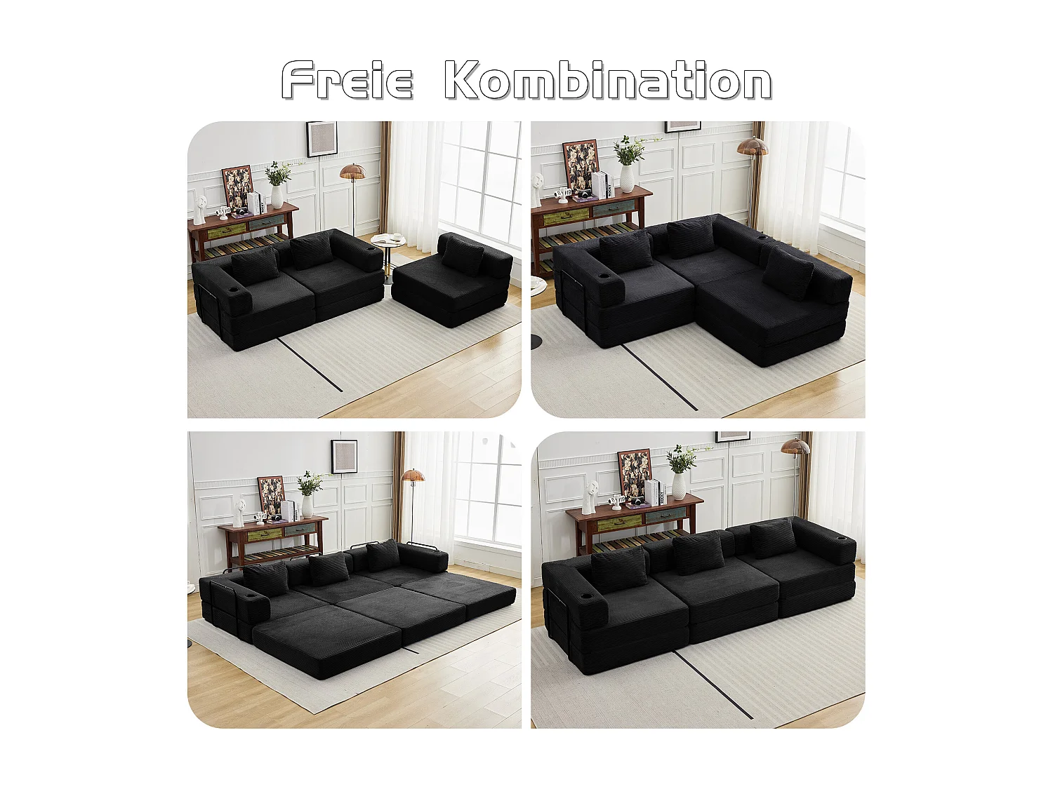 Canapé 3 places - velours côtelé - modulaire - convertible - 300x100x63 cm - noir