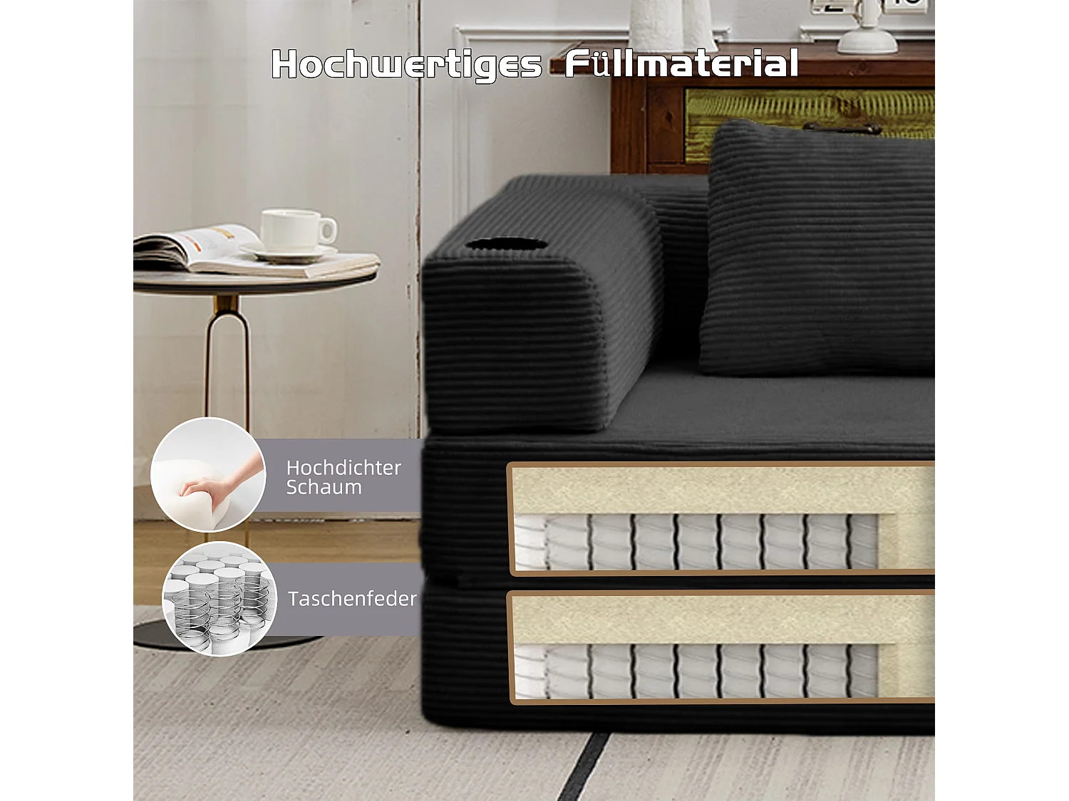 Canapé 3 places - velours côtelé - modulaire - convertible - 300x100x63 cm - noir