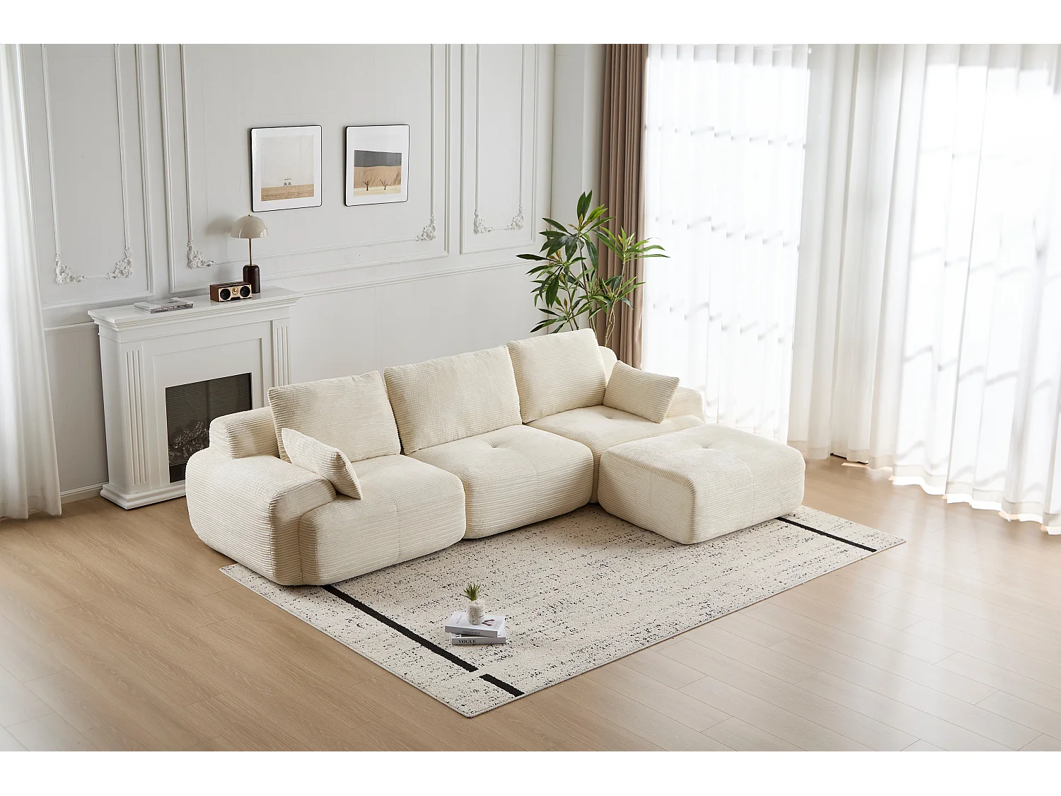 Canapé 3 places - velours côtelé - modulaire - convertible - 304x180x72 cm - beige