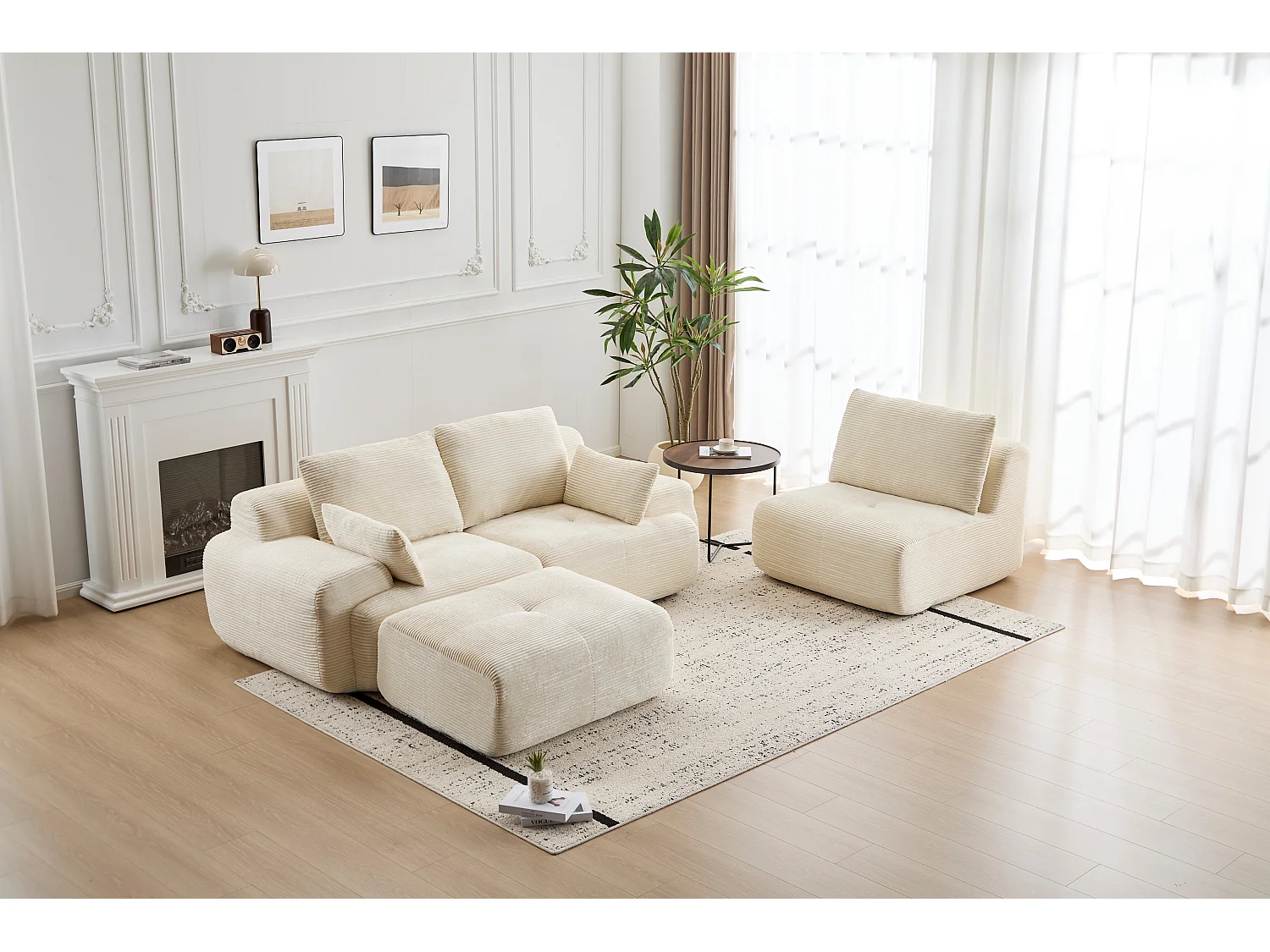 Canapé 3 places - velours côtelé - modulaire - convertible - 304x180x72 cm - beige