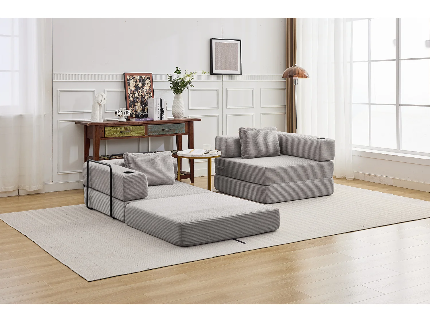 Canapé 2 places - velours côtelé - modulaire - convertible - 200x100x63 cm - gris clair