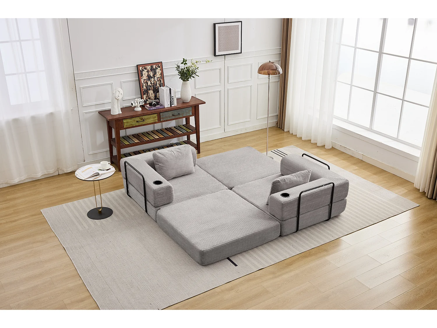 Canapé 2 places - velours côtelé - modulaire - convertible - 200x100x63 cm - gris clair