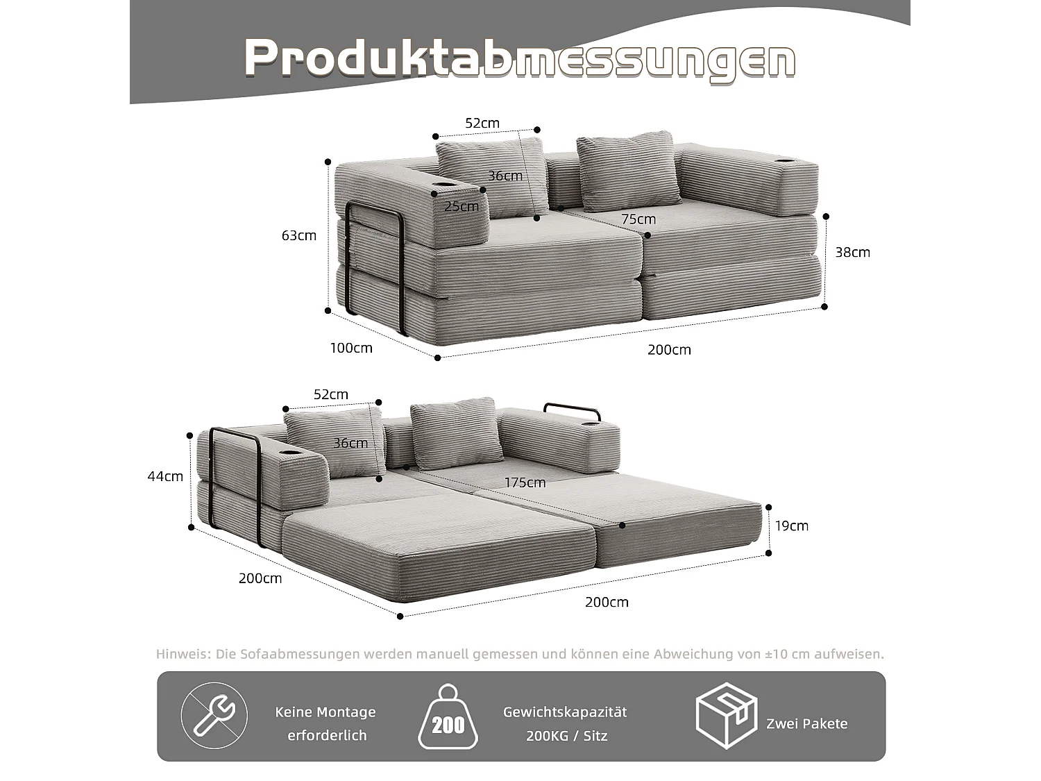 Canapé 2 places - velours côtelé - modulaire - convertible - 200x100x63 cm - gris clair