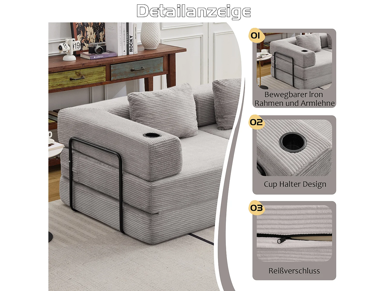 Canapé 2 places - velours côtelé - modulaire - convertible - 200x100x63 cm - gris clair