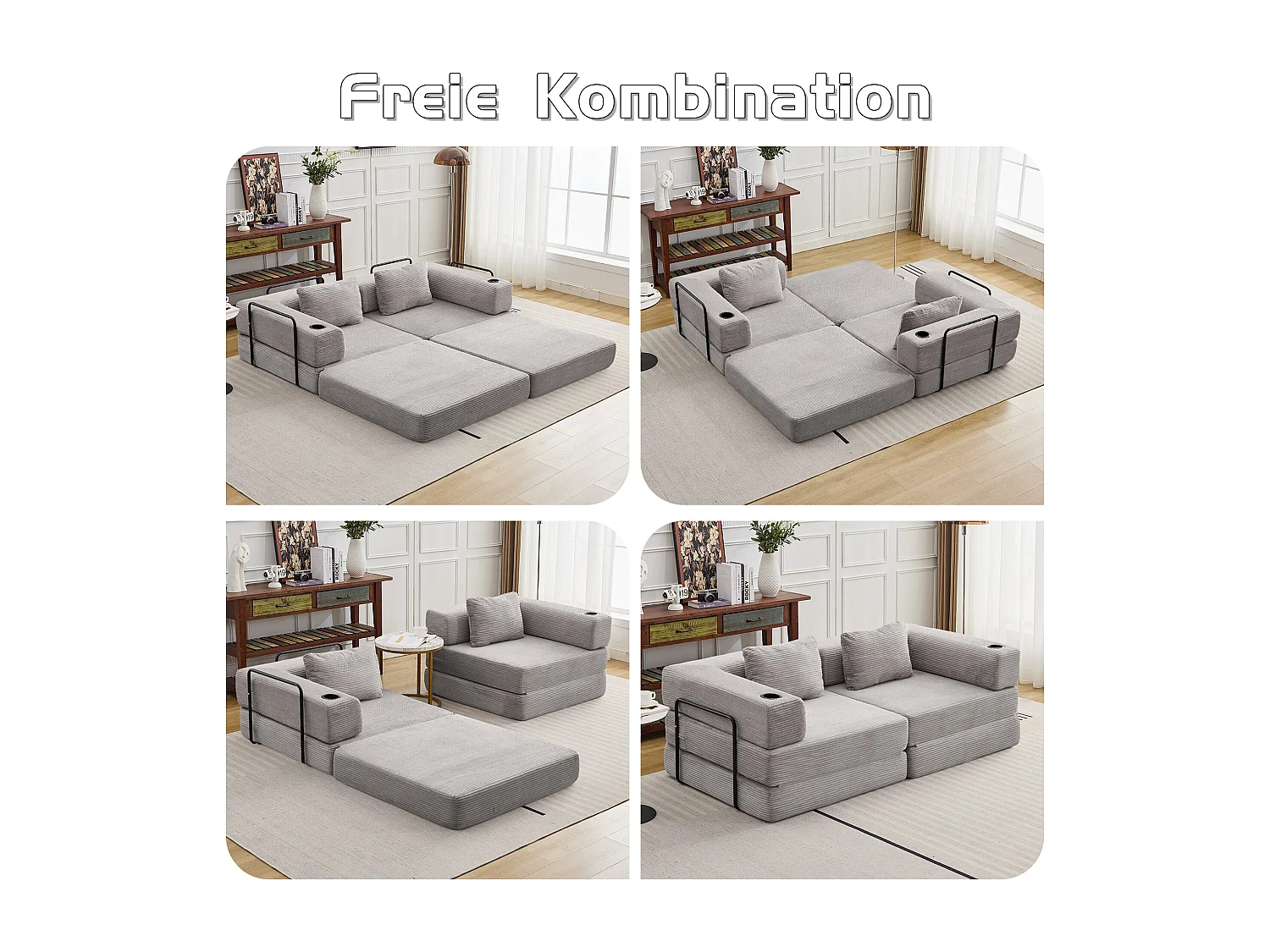 Canapé 2 places - velours côtelé - modulaire - convertible - 200x100x63 cm - gris clair
