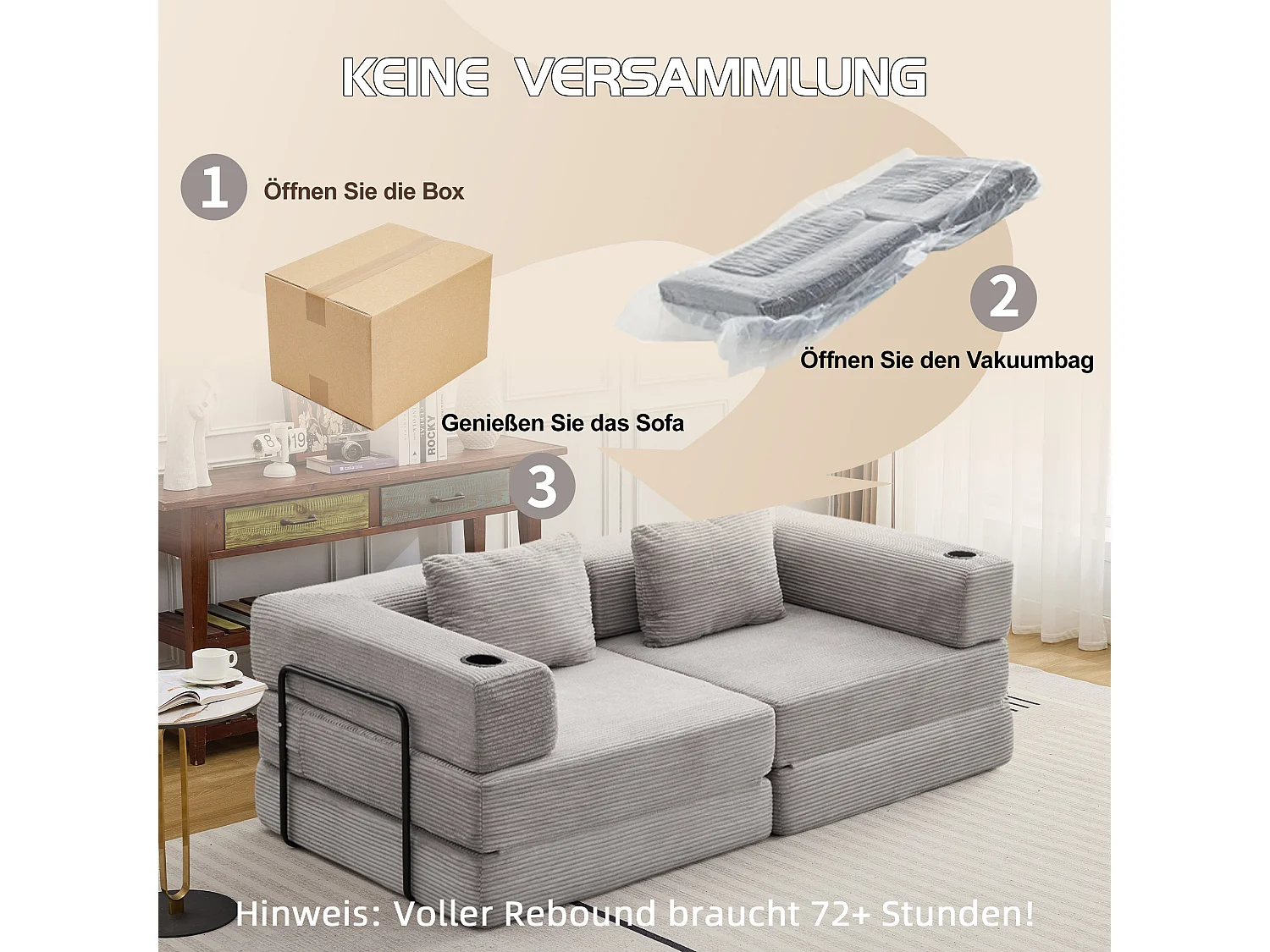 Canapé 2 places - velours côtelé - modulaire - convertible - 200x100x63 cm - gris clair