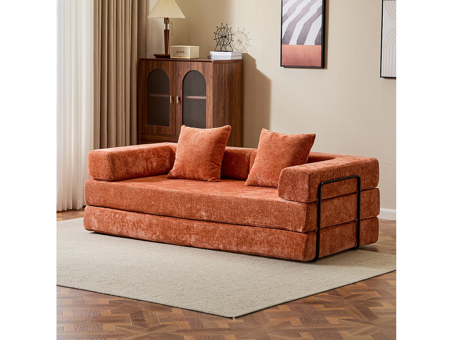 Canapé 2 places - chenille - modulable - convertible - 195x95x60 cm - orange