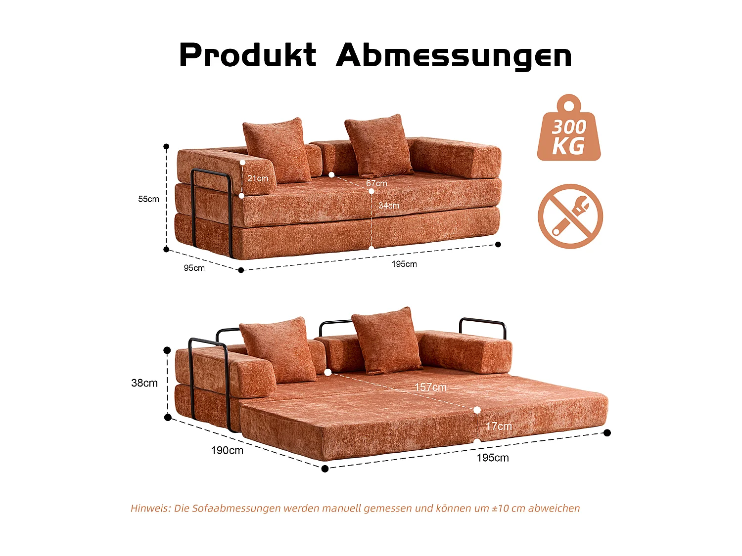 Canapé 2 places - chenille - modulable - convertible - 195x95x60 cm - orange