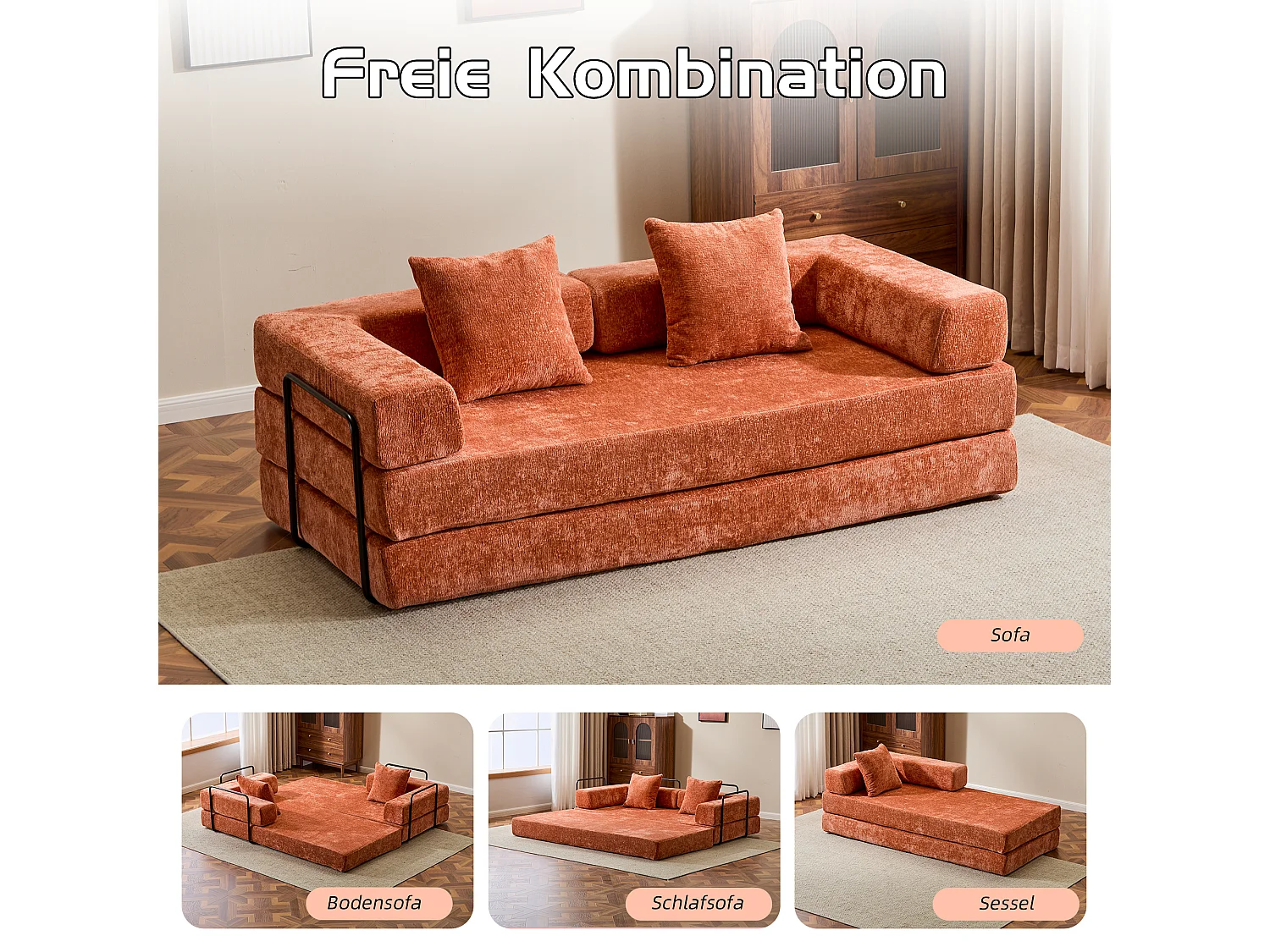Canapé 2 places - chenille - modulable - convertible - 195x95x60 cm - orange