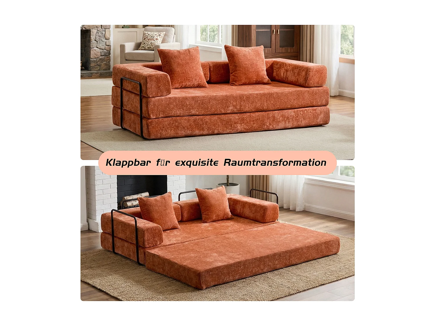 Canapé 2 places - chenille - modulable - convertible - 195x95x60 cm - orange