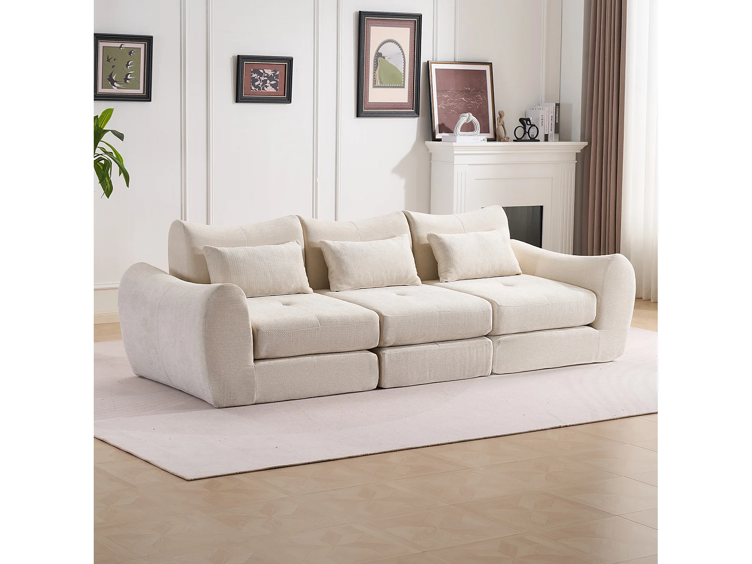 Canapé d’angle modulable 3 places, convertible, chenille, 262x97x78 cm, beige