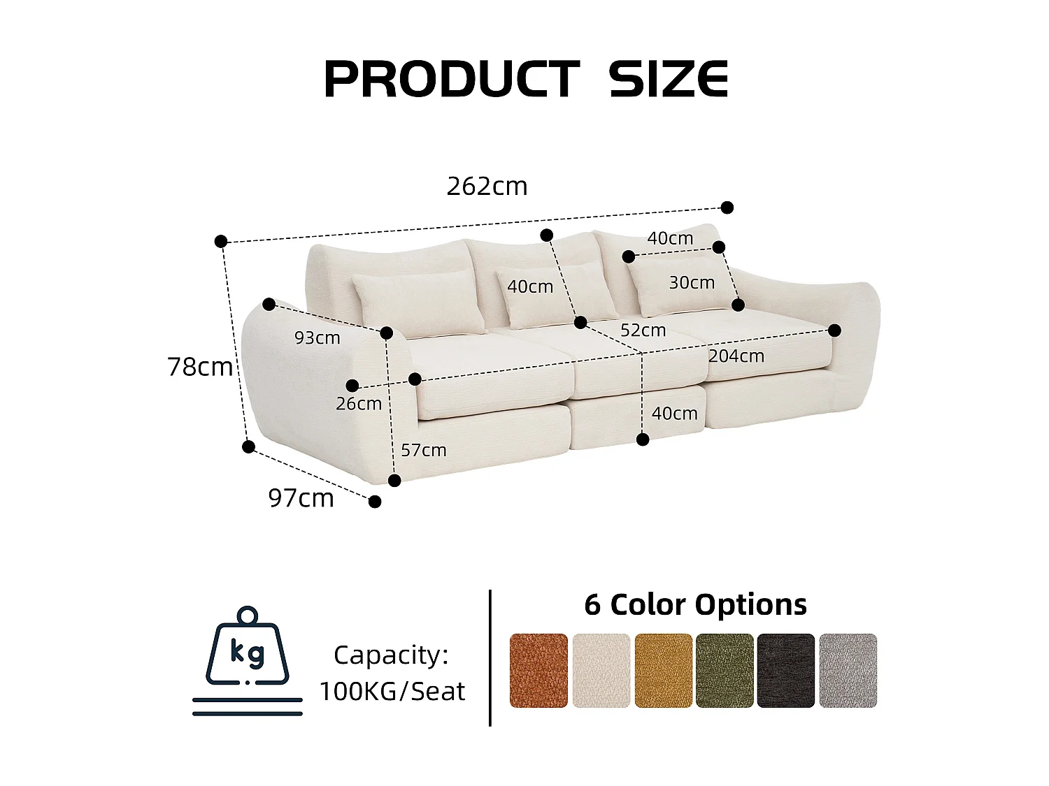 Canapé d’angle modulable 3 places, convertible, chenille, 262x97x78 cm, beige