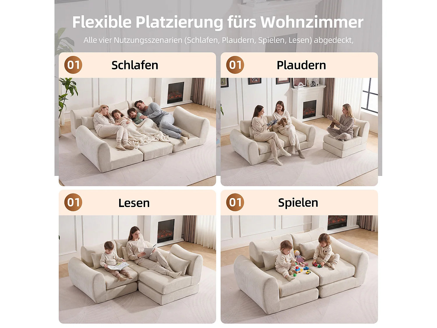 Canapé d’angle modulable 3 places, convertible, chenille, 262x97x78 cm, beige