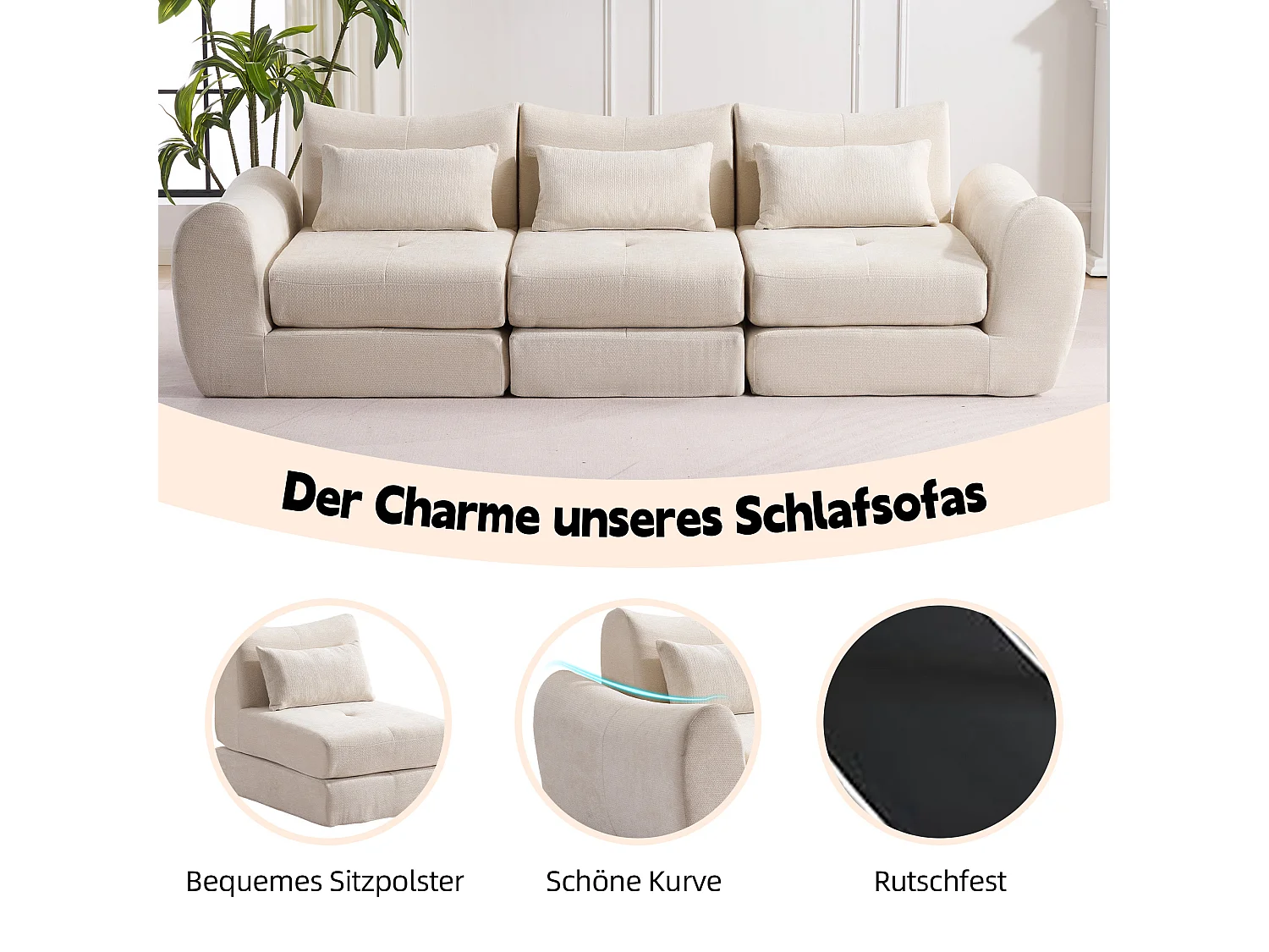 Canapé d’angle modulable 3 places, convertible, chenille, 262x97x78 cm, beige